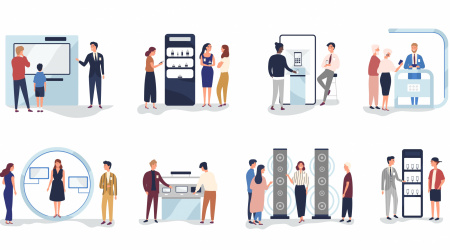 Set of people standing beside commercial promotional stands, trying product samples, talking to consultants and promoters advertising goods or services at trade fair. Flat cartoon vector illustration. Set of people standing beside commercial promotional stands, trying product samples, talking to consultants and promoters advertising goods or services at trade fair. Flat cartoon vector illustration