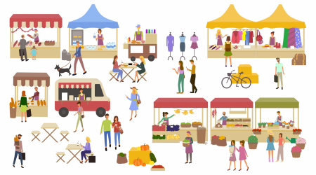 Marketplace, Stalls of Sellers and Shopping People Marketplace, stalls of sellers and shopping people vector. Clothes and food shops butchery and backery with meat and bread. Cafe and resting customers