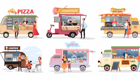 Street market food truck, outdoor cafe vector illustration set. Cartoon foodtruck with menu pizza asian food burger ice cream hot dog fastfood eating, coffee drink, catering service isolated on white. Street market food truck, outdoor cafe vector illustration set. Cartoon foodtruck with menu pizza asian food burger ice cream hot dog fastfood eating, coffee drink, catering service isolated on white
