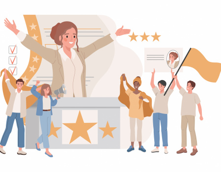 Woman standing at tribune with raised hands, calling to vote for her. Pre election campaign. Woman standing at tribune with raised hands, calling to vote for her. Men and women standing around rostrum with flags and loudspeakers and listening political candidate. Pre election campaign.