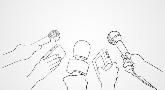 Line Art Illustration of Journalists Line art illustration of hands holding microphones and recorders, journalism symbol